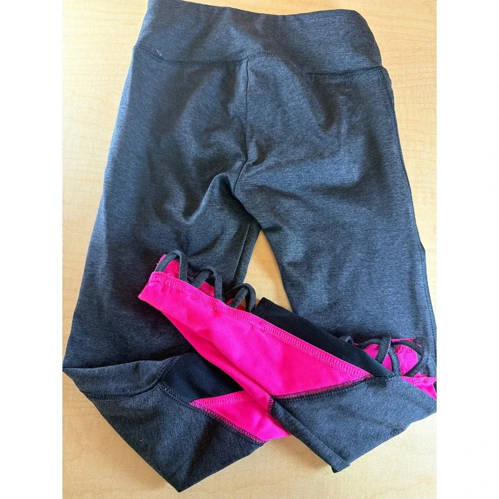 Justice Active Girls Dance Leggings Gray‎ Pink Lattice Ankle Size 6/7